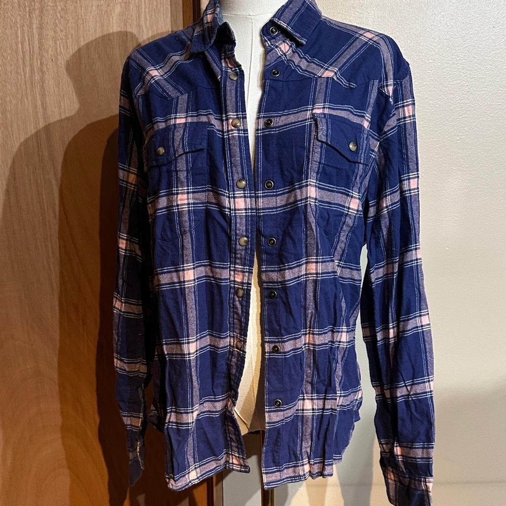 JACHS Girlfriend Blue and Pink Plaid flannel Shirt